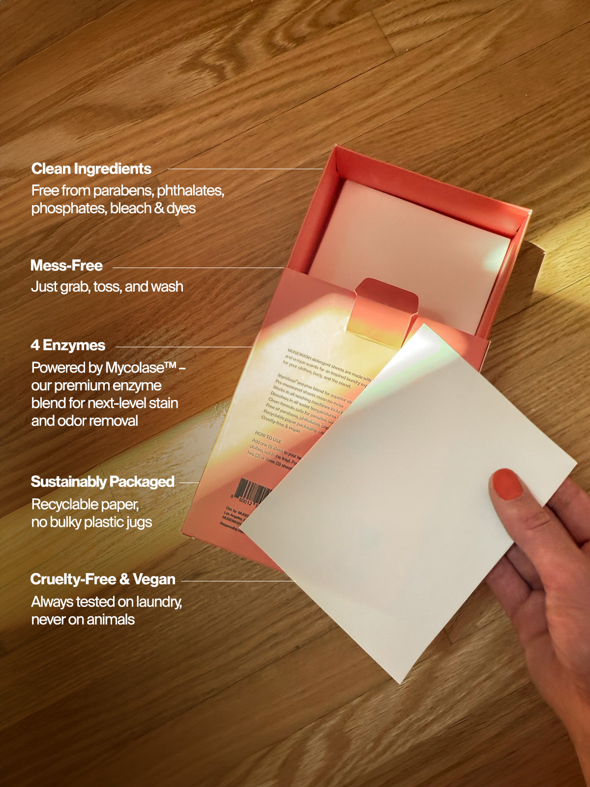 Laundry sheets box with benefits. clean ingredients, mess-free, 4 enzymes, sustainably packaged, cruelty-free and vegan