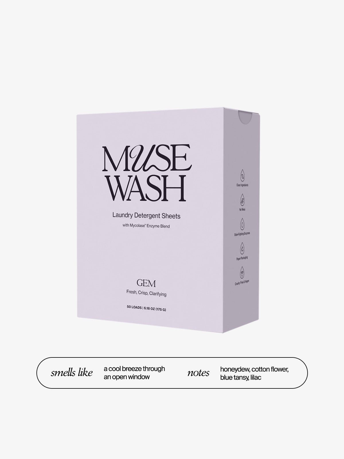 MUSEWASH GEM laundry sheets – fresh scent with clean, crisp notes like a cool breeze; eco-friendly and non-toxic laundry detergent alternative.