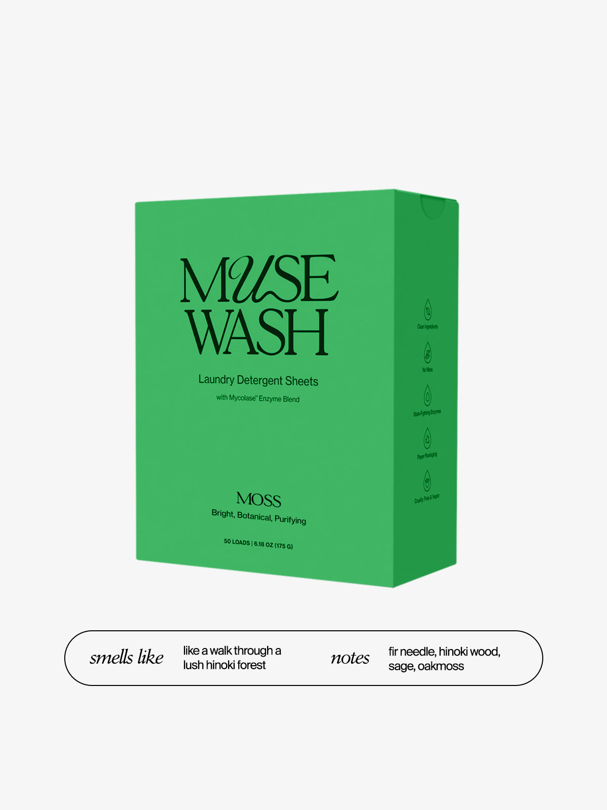MUSEWASH MOSS laundry sheets – botanical Hinoki forest scent; gentle, non-toxic laundry sheets made with clean ingredients.