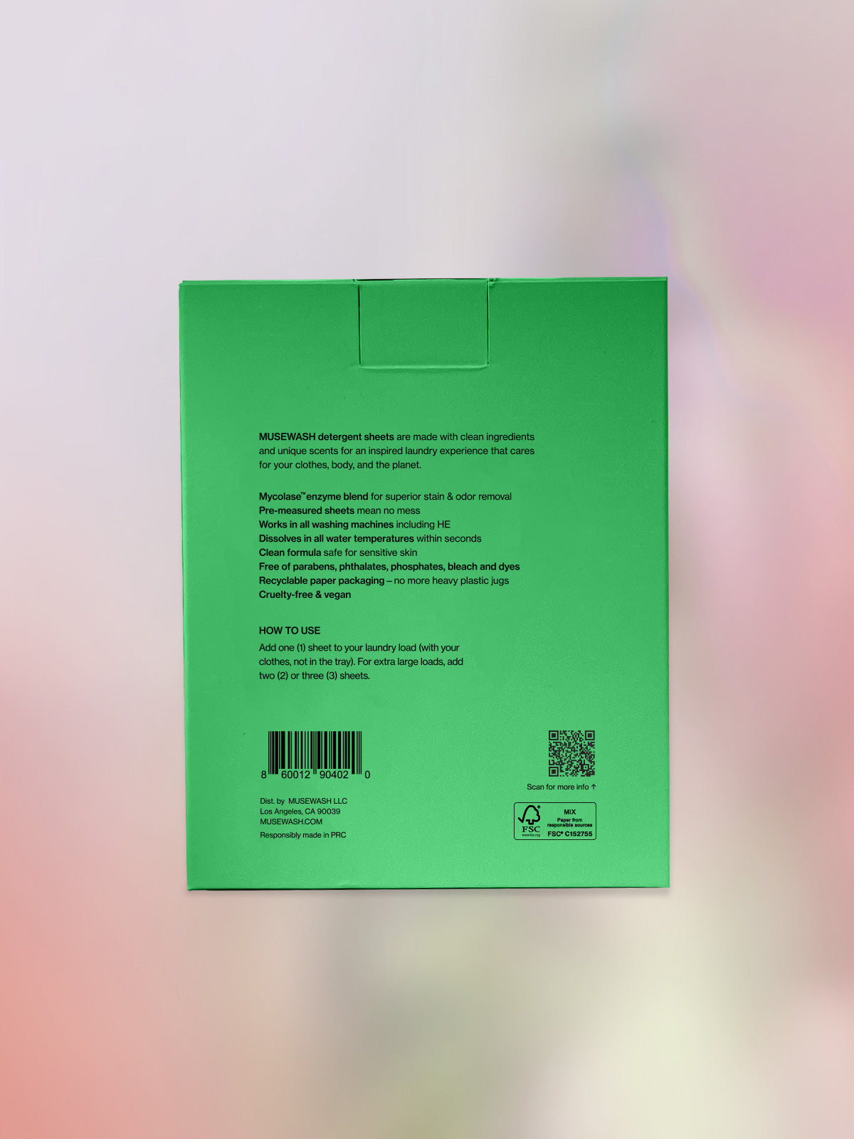 Back of MUSEWASH laundry detergent sheet box with recyclable paper packaging—no more heavy plastic jugs