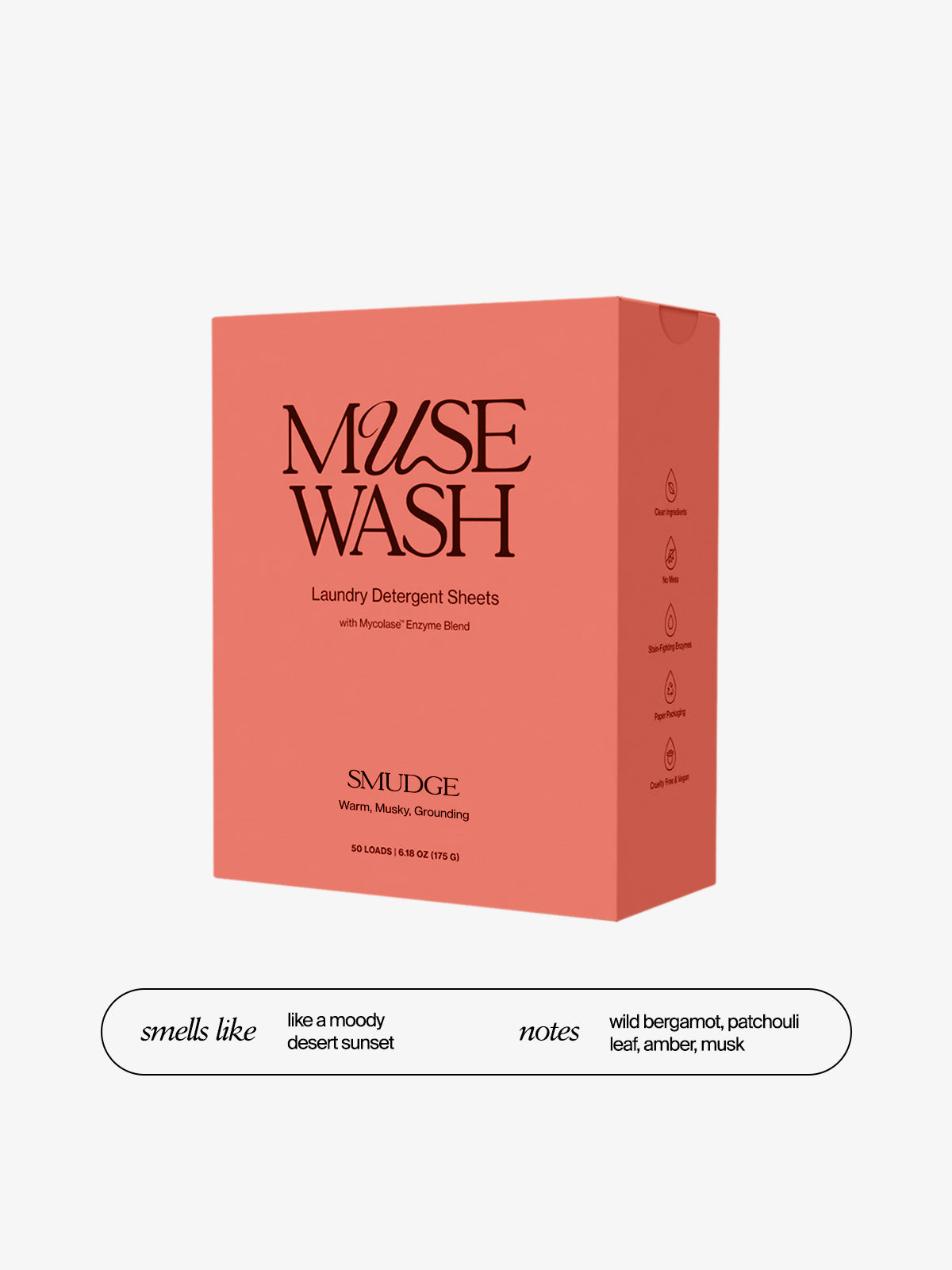 MUSEWASH SMUDGE laundry sheets – warm, musky laundry scent inspired by desert sunsets; safe, plant-based sheets for clean, scented laundry.