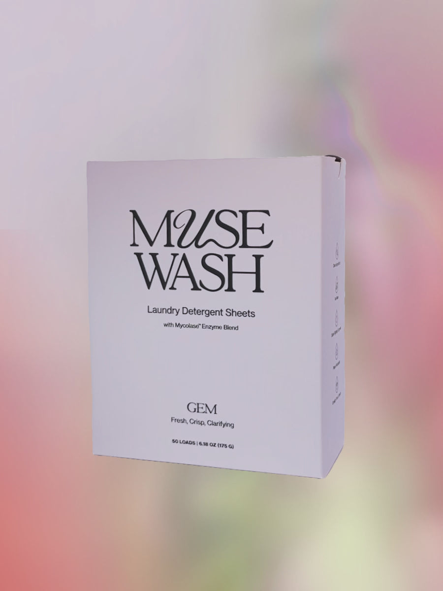 Video of MUSEWASH laundry detergent sheet box rotating made with Mycolase™ enzyme blend for superior stain & odor removal